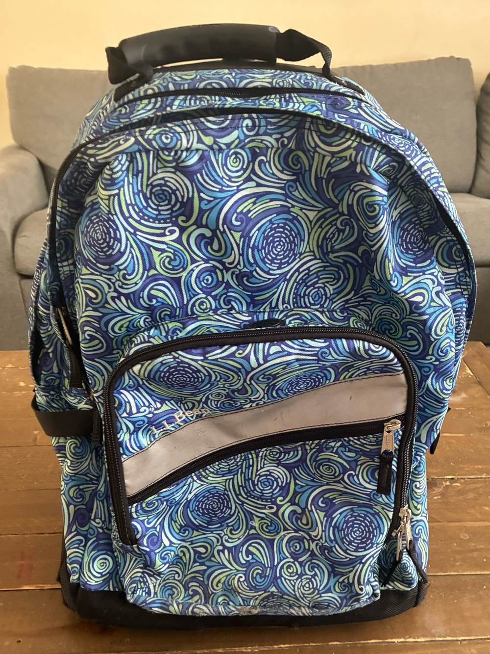 L.L. Bean Blue and Teal Swirl Pattern Rolling Backpack